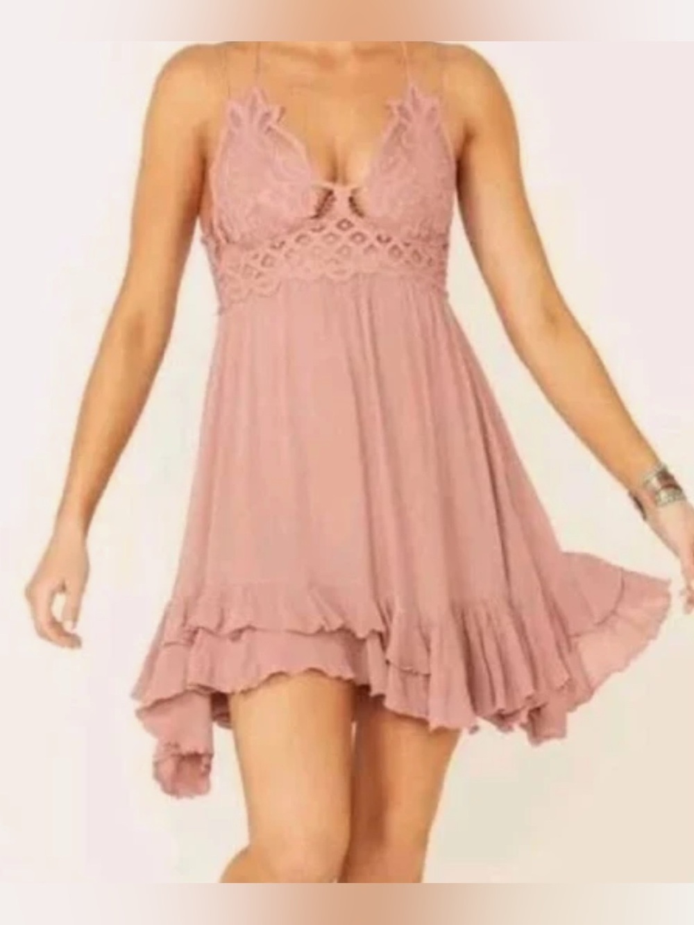 Free People Adela Dusty Rose Lace-Trim Mini Dress Size Medium